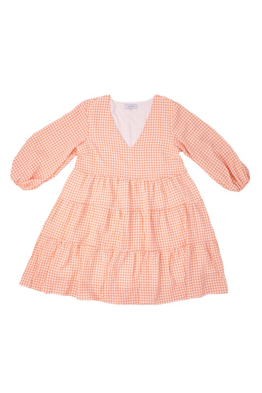 Gingham V-Neck Bubble Sleeve Tiered Dress