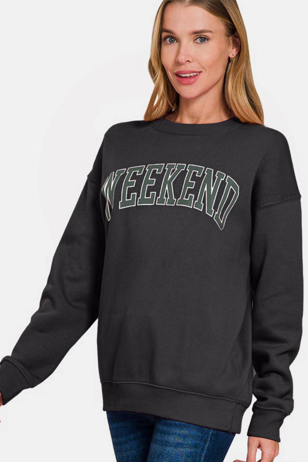 "Weekend" Printed Fleece Round Neck Sweatshirt