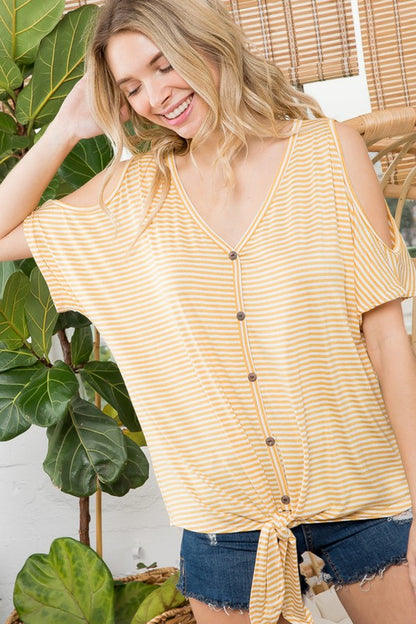 Plus Stripe Cold Shoulder V-Neck Button Front Tie Top