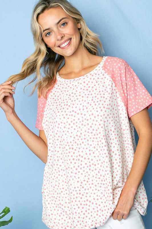 Plus Ditsy Floral Rib Jersey Raglan Top