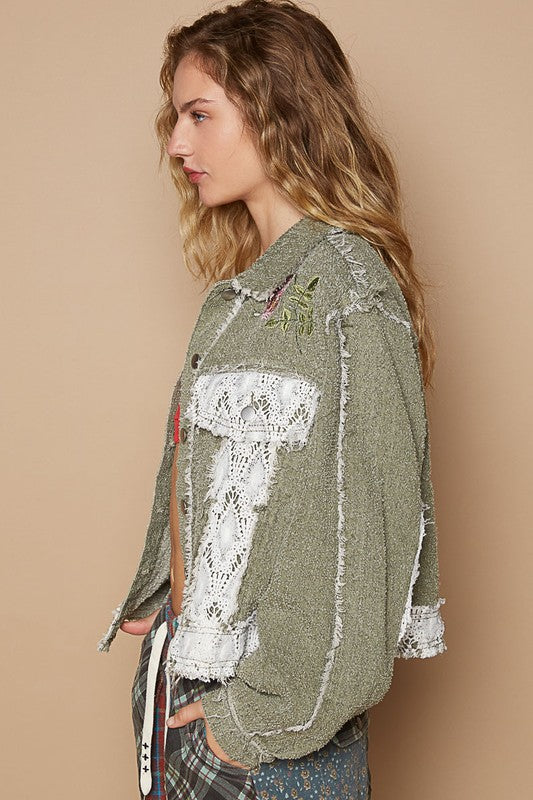 Olive Floral Embroidered Crochet Trim Jacket