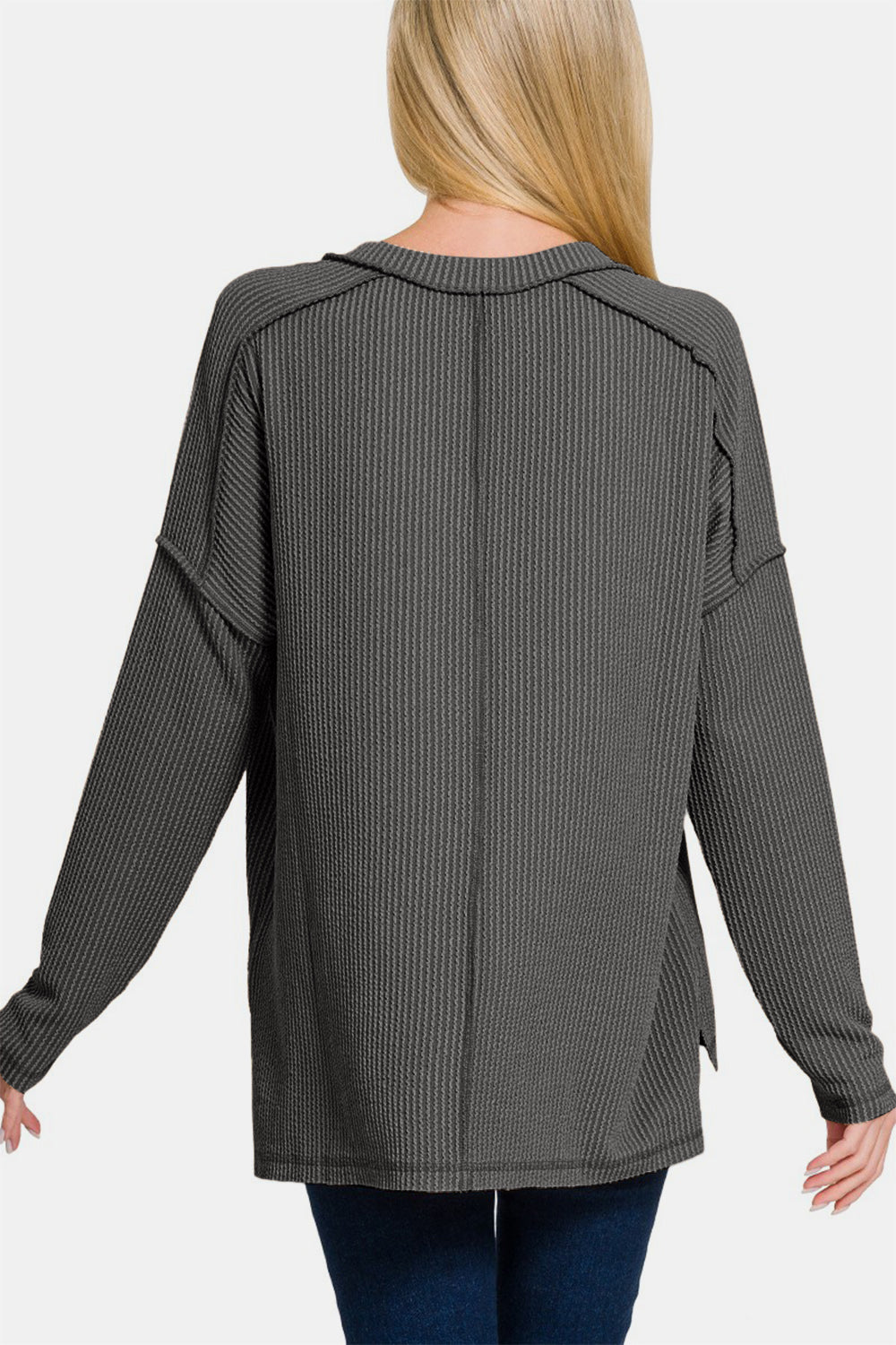 Corded Rib Long Sleeve Hi-Low V Neck Top