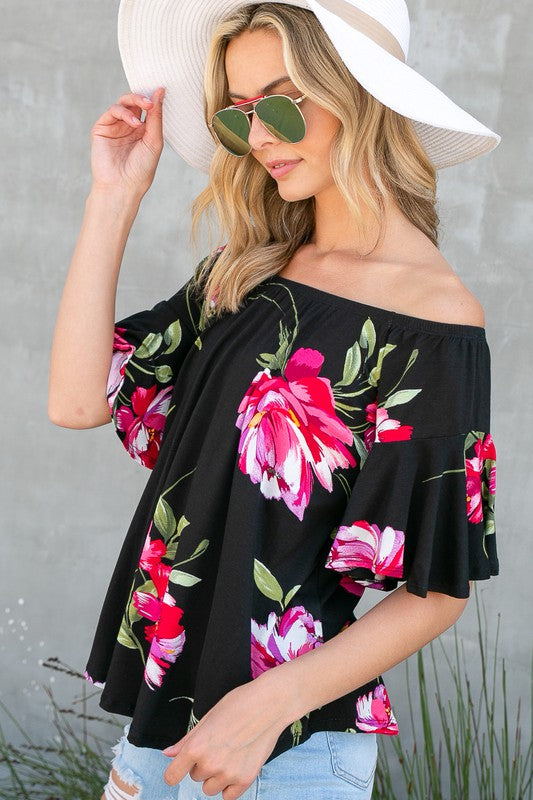 Plus Floral Off Shoulder Ruffle Sleeve Top