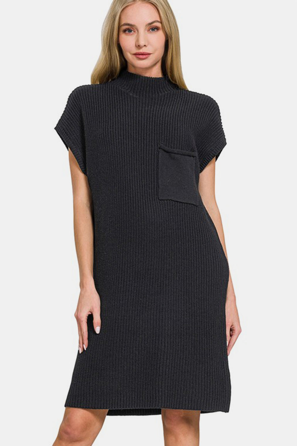 Mock Neck Short Sleeve Sweater Dress With Pocket