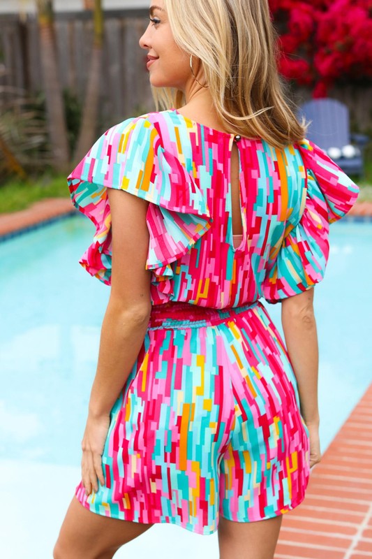 Fuchsia Abstract Smocked Waist Flutter Sleeve Romper