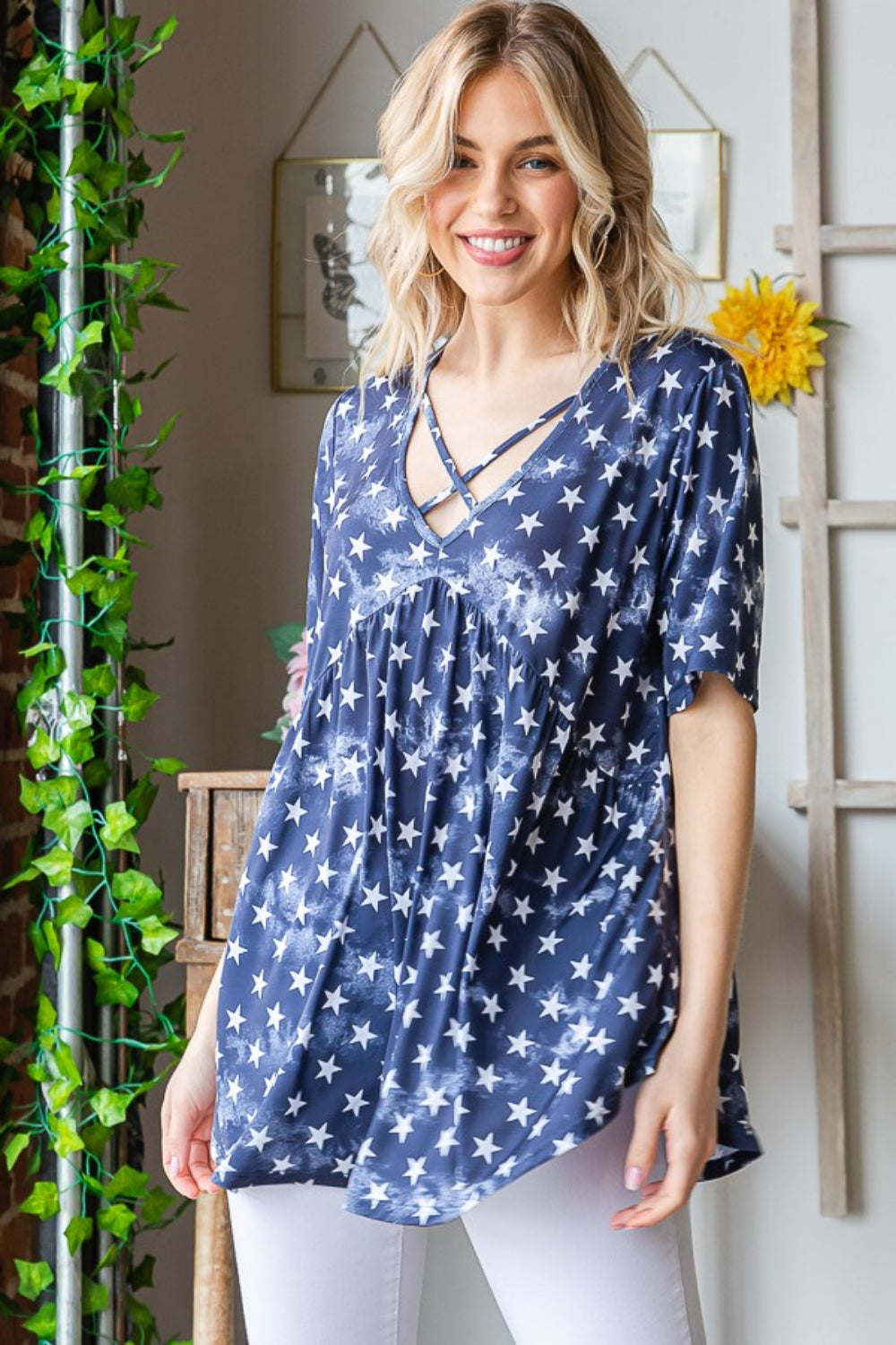 Navy Star Crisscross V Neck Babydoll Top