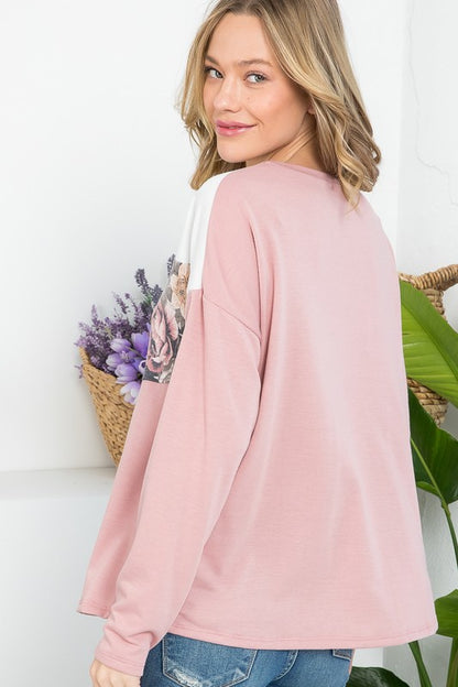 Floral Mixed Colorblock Long Sleeve Top