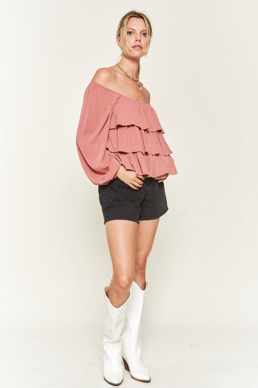 Plus Chiffon Bubble Sleeve Tiered Flounce Blouse