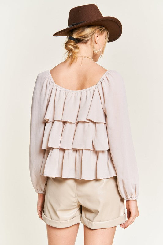 Plus Chiffon Bubble Sleeve Tiered Flounce Blouse