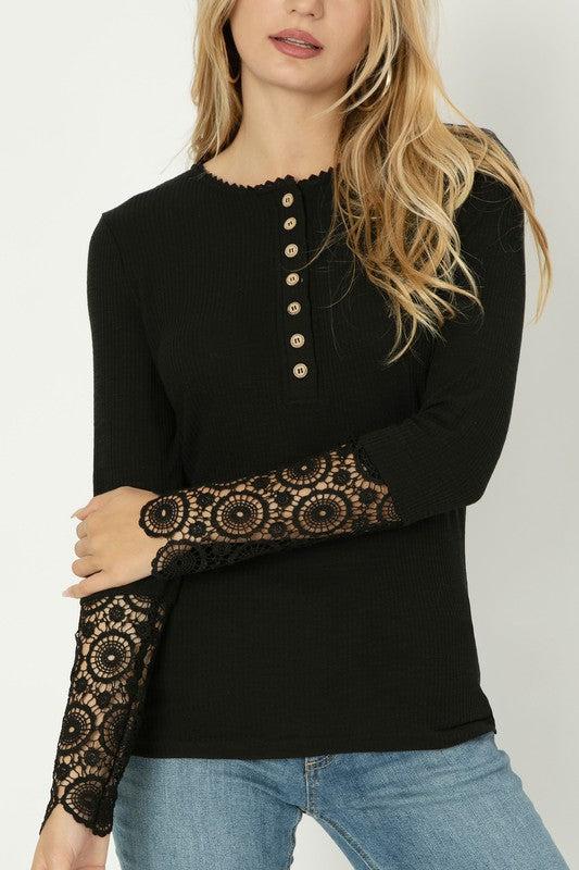 Lace Trim Henley Neck Tee