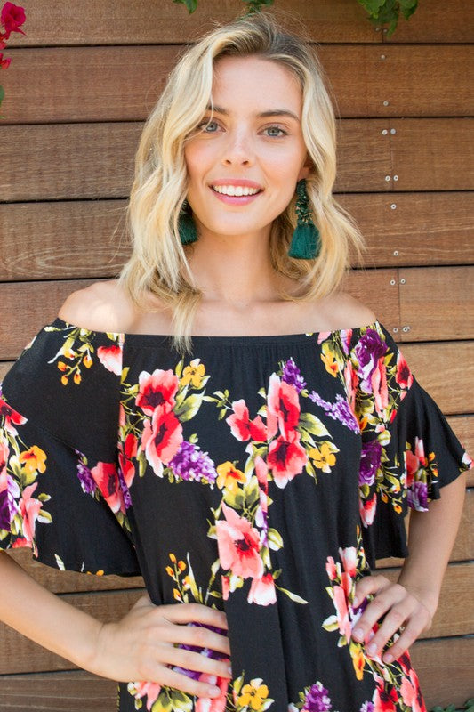 Plus Floral Off Shoulder Ruffle Sleeve Top