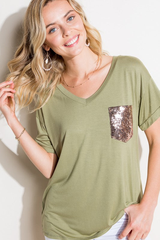 Solid Sequin Pocket Boxy Tee