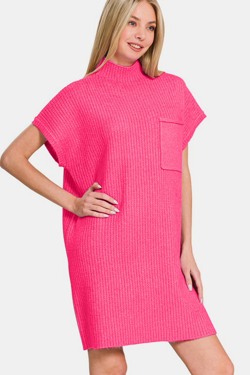 Mock Neck Short Sleeve Sweater Dress With Pocket