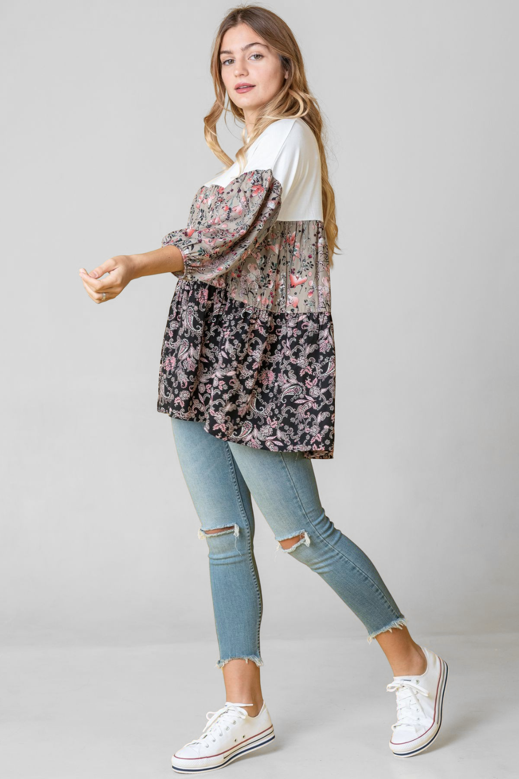 Plus Paisley Floral Bubble Sleeve Tiered Tunic