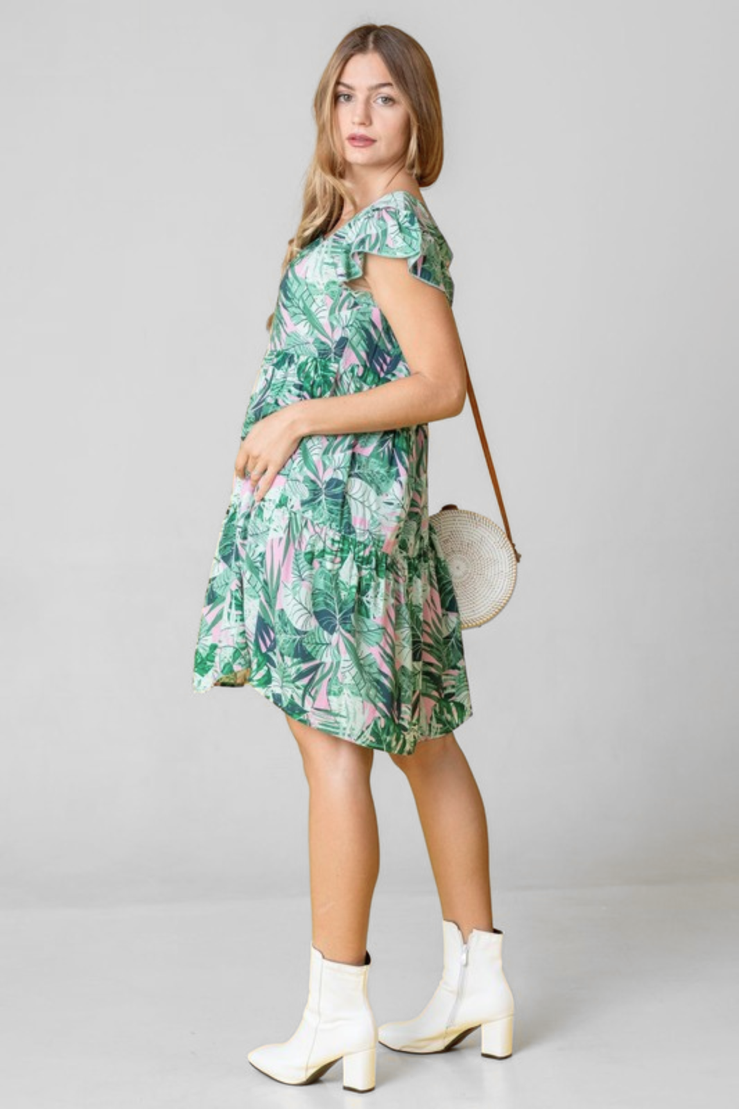 Tropical Flutter Sleeve Tiered Dress