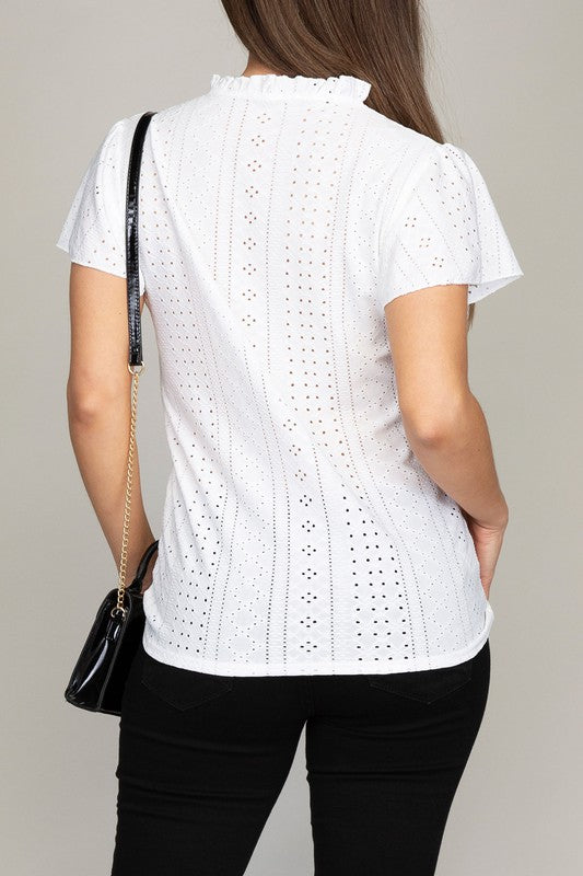 Embroidered Flutter Sleeve Eyelet Blouse