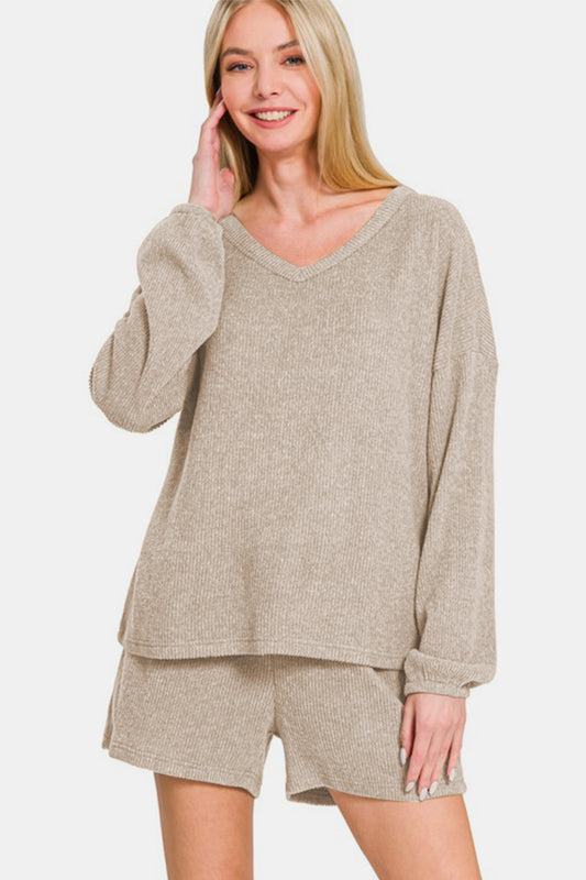 Brushed Ribbed Hacci V-Neck Long Sleeve Tee & Shorts Set