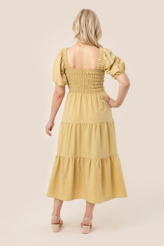 Puff Sleeve Smocked Tiered Midi Dress