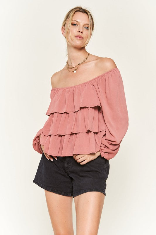 Chiffon Bubble Sleeve Tiered Flounce Blouse