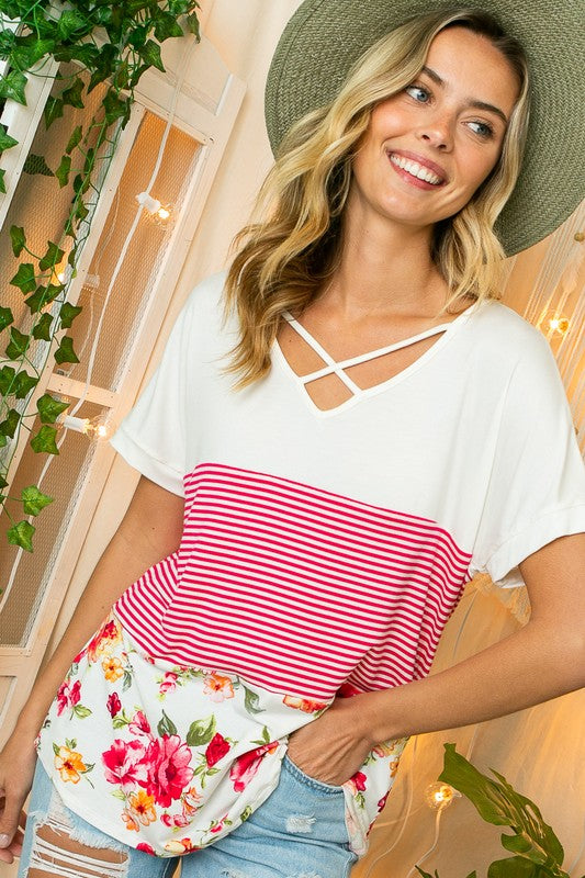 Stripe Floral Lace Up V-Neck Top