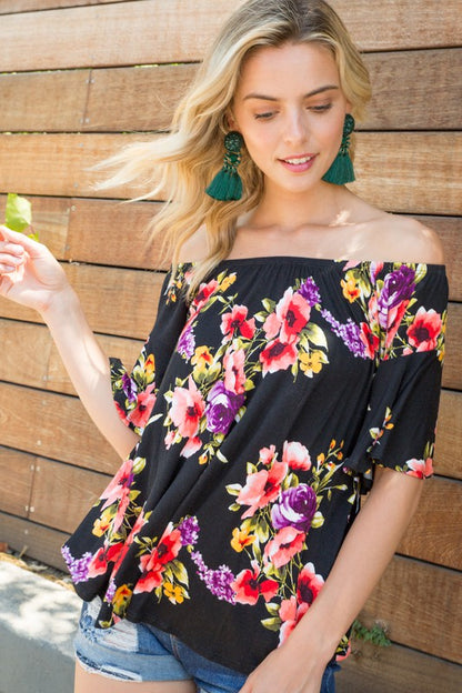 Plus Floral Off Shoulder Ruffle Sleeve Top