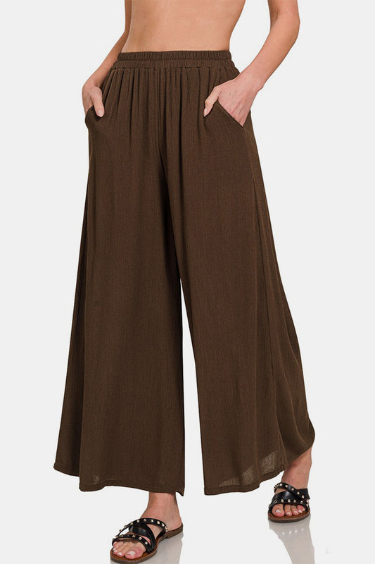 Woven Crinkle Wide Pants With Pockets