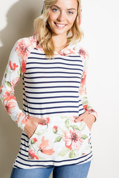 Stripe Floral Kangaroo Pocket Hoodie Top