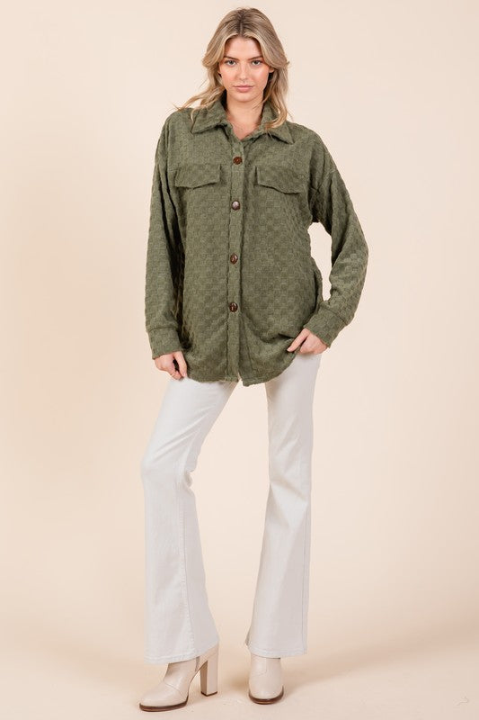 Moss Checkered Button Down Dropped Shoulder Shacket