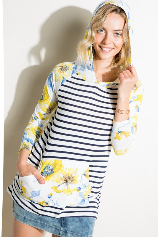 Plus Stripe Floral Kangaroo Pocket Hoodie Top