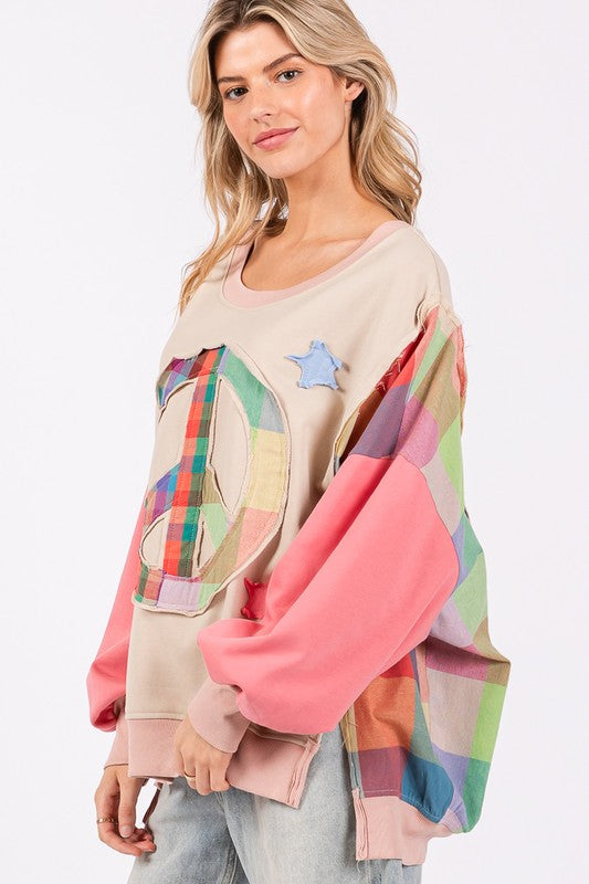 Coral Multicolor Contrast Peace Patch Dropped Shoulder Sweatshirt