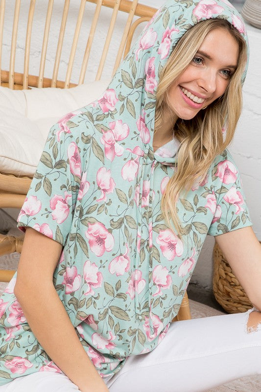 Plus Floral Short Sleeve Hooded Sweatshirt Top