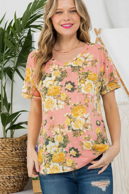 Allover Floral V-Neck Pocket Tee