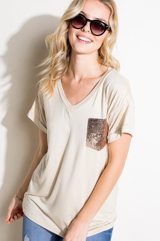 Plus Solid Sequin Pocket Boxy Tee