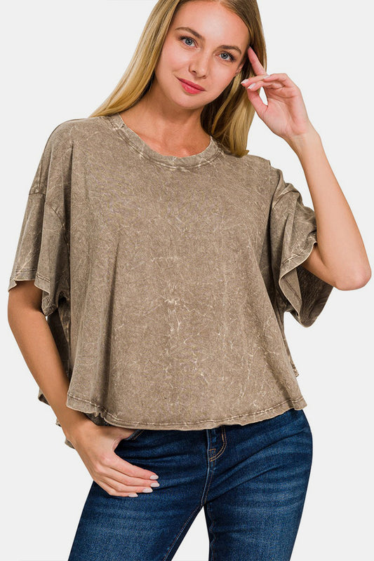 Crinkle Washed Cotton Round Neck Short Sleeve Top