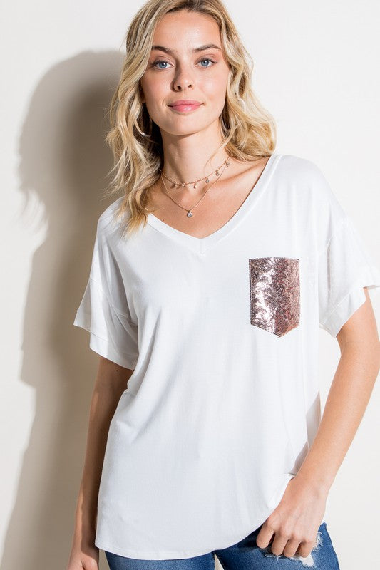 Plus Solid Sequin Pocket Boxy Tee