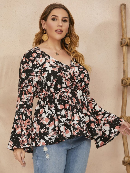 Plus Floral Bell Sleeve Ruffle Hem Blouse