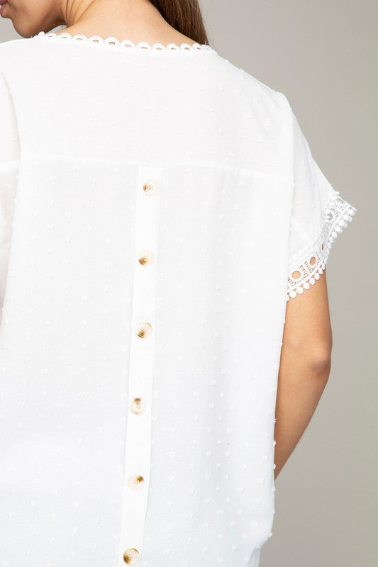 White Swiss Dot Lace Trim Blouse