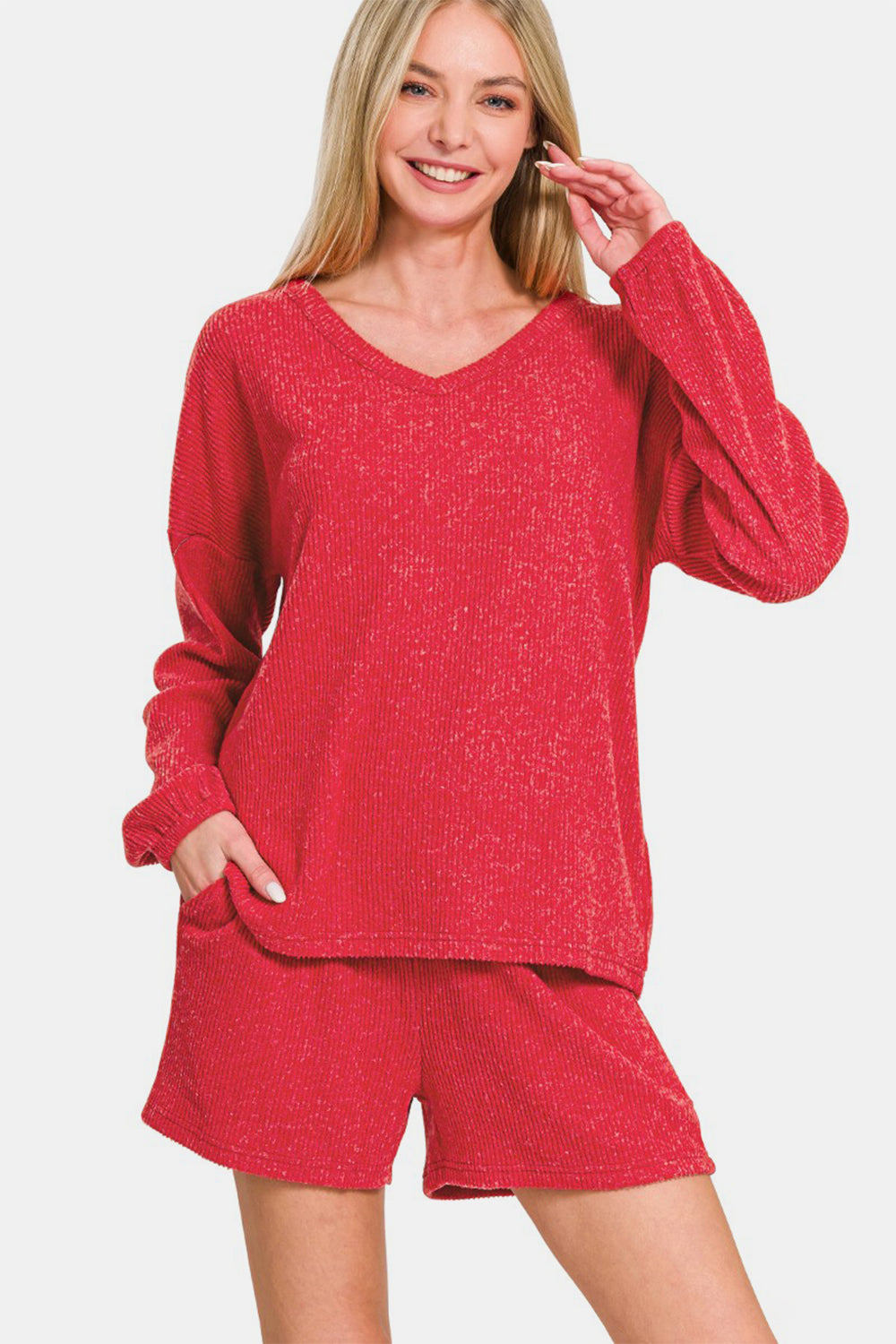 Brushed Ribbed Hacci V-Neck Long Sleeve Tee & Shorts Set