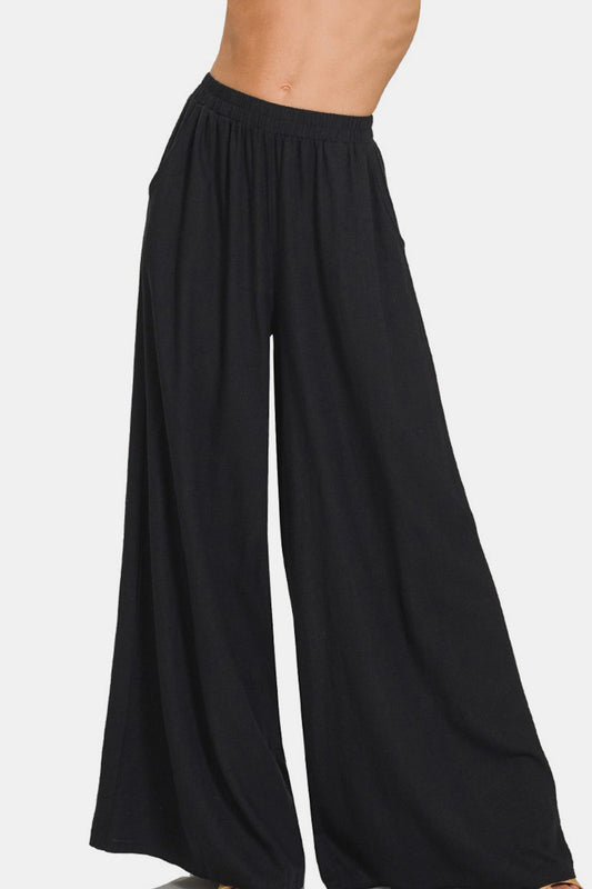 Woven Pleated Linen Blend Wide Leg Pants