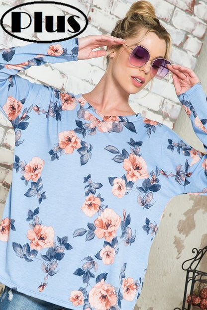 Plus Blue Floral V-Neck Drop Shoulder Top