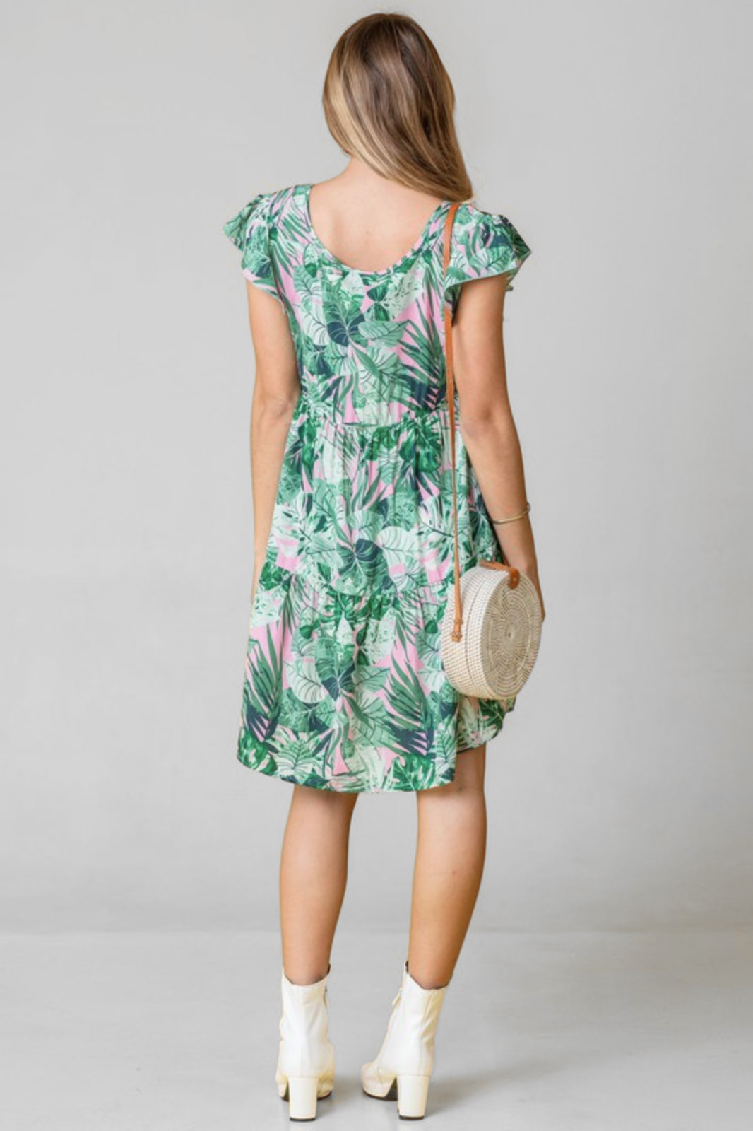 Tropical Flutter Sleeve Tiered Dress