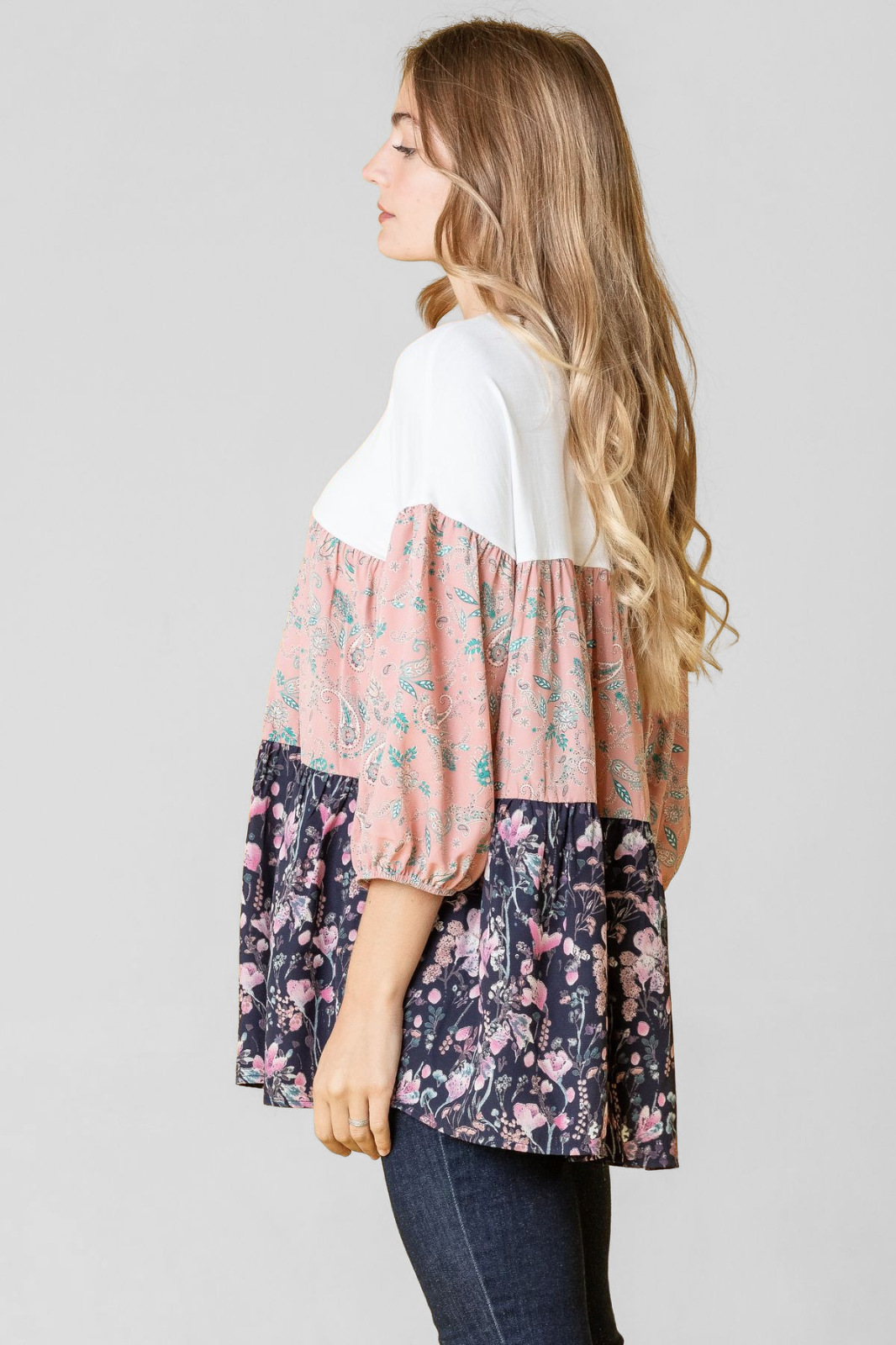 Plus Paisley Floral Bubble Sleeve Tiered Tunic