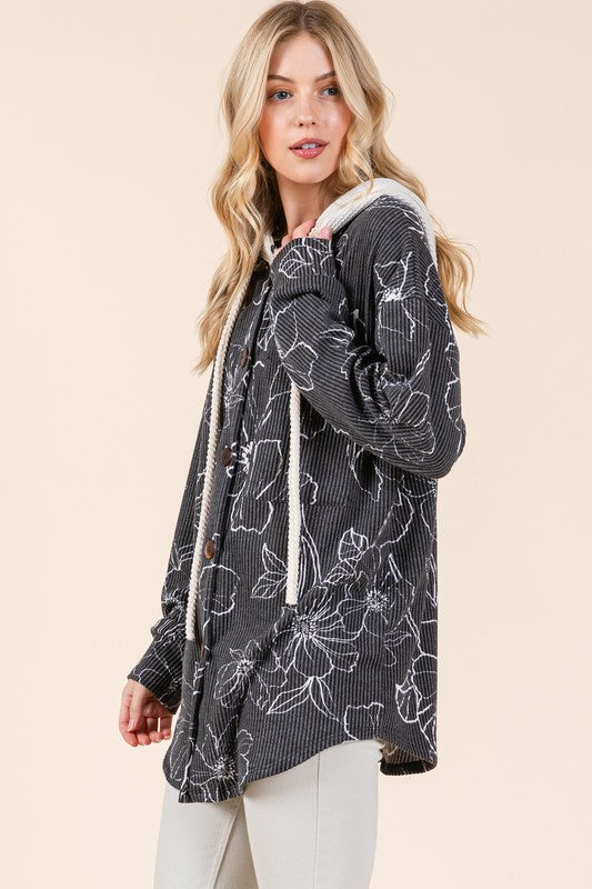 Black Flower Print Drawstring Hooded Button Up Shacket