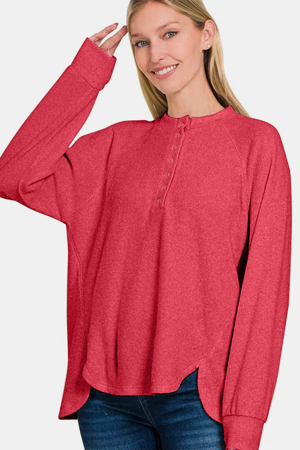 Brushed Melange Hacci Oversized Henley Placket Sweater