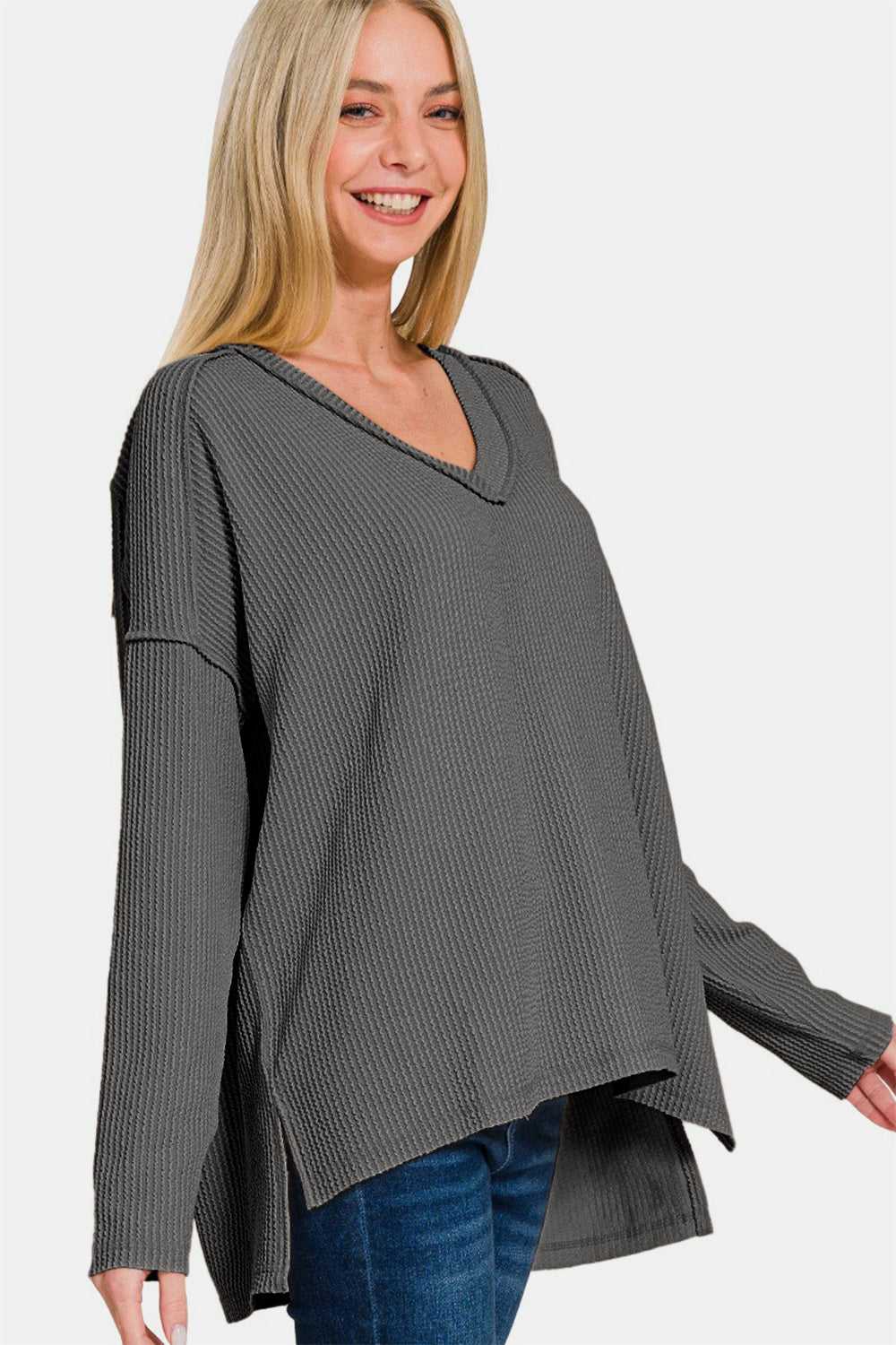 Corded Rib Long Sleeve Hi-Low V Neck Top