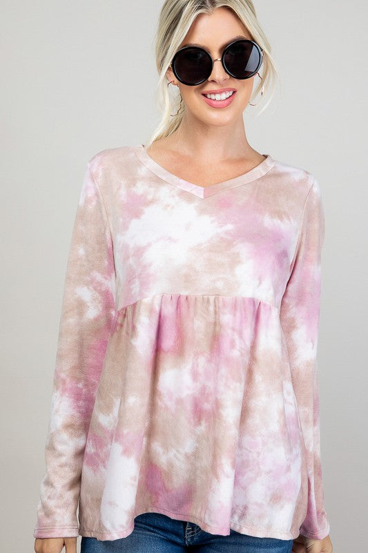 Plus Cloud Tie Dye V-Neck Babydoll Top