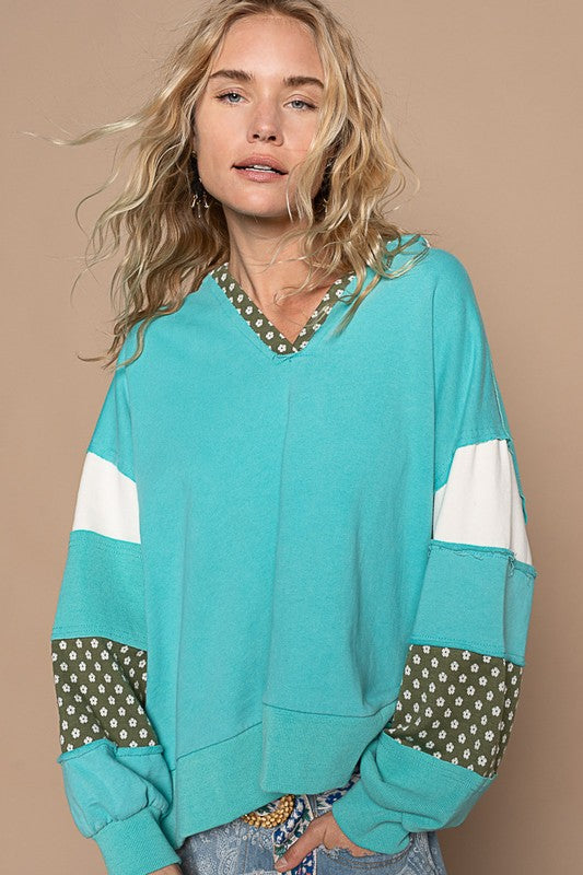 Tiffany Blue Exposed Seam Floral Patchwork French Terry Hoodie