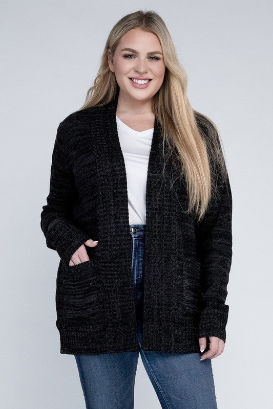 Plus Solid Open Front Knit Cardigan