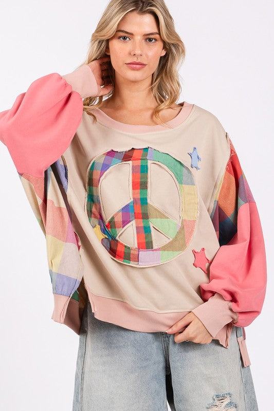 Coral Multicolor Contrast Peace Patch Dropped Shoulder Sweatshirt