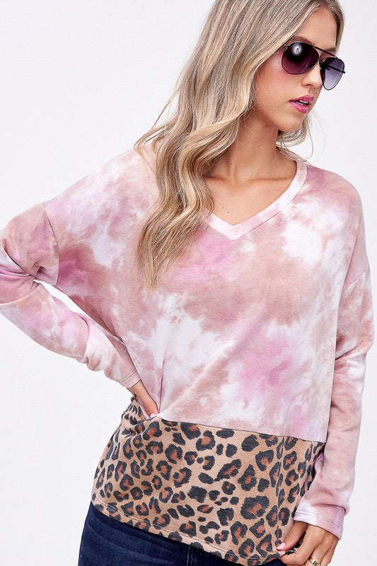 Plus Cloud Tie Dye Cheetah Mix Pullover Top